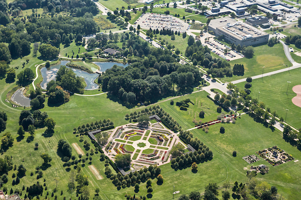 Aerial view of Hartley Selection Gardens and University of Illinois Arboretum